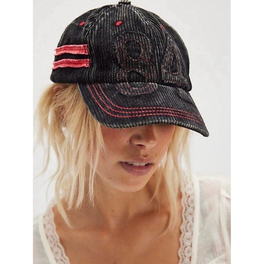 NWT Free People Hollie Varsity Baseball Hat Black/Red Vintage Inspired
